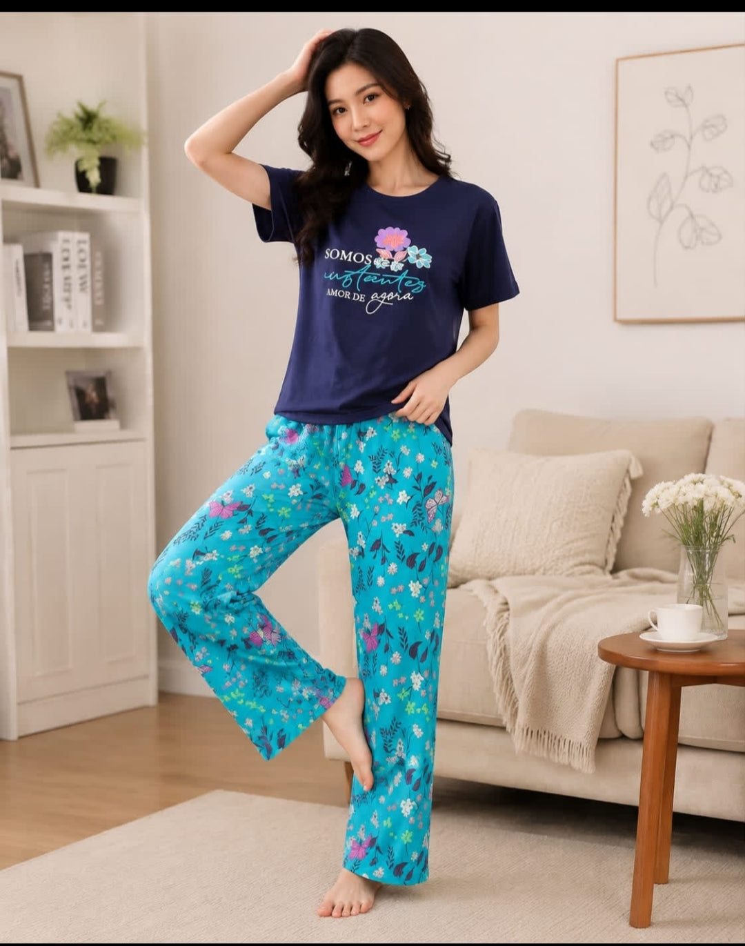 0000 Navy Blue Flower Printed Half Sleeves T-shirt With Blue Floral Printed Pajama Suit