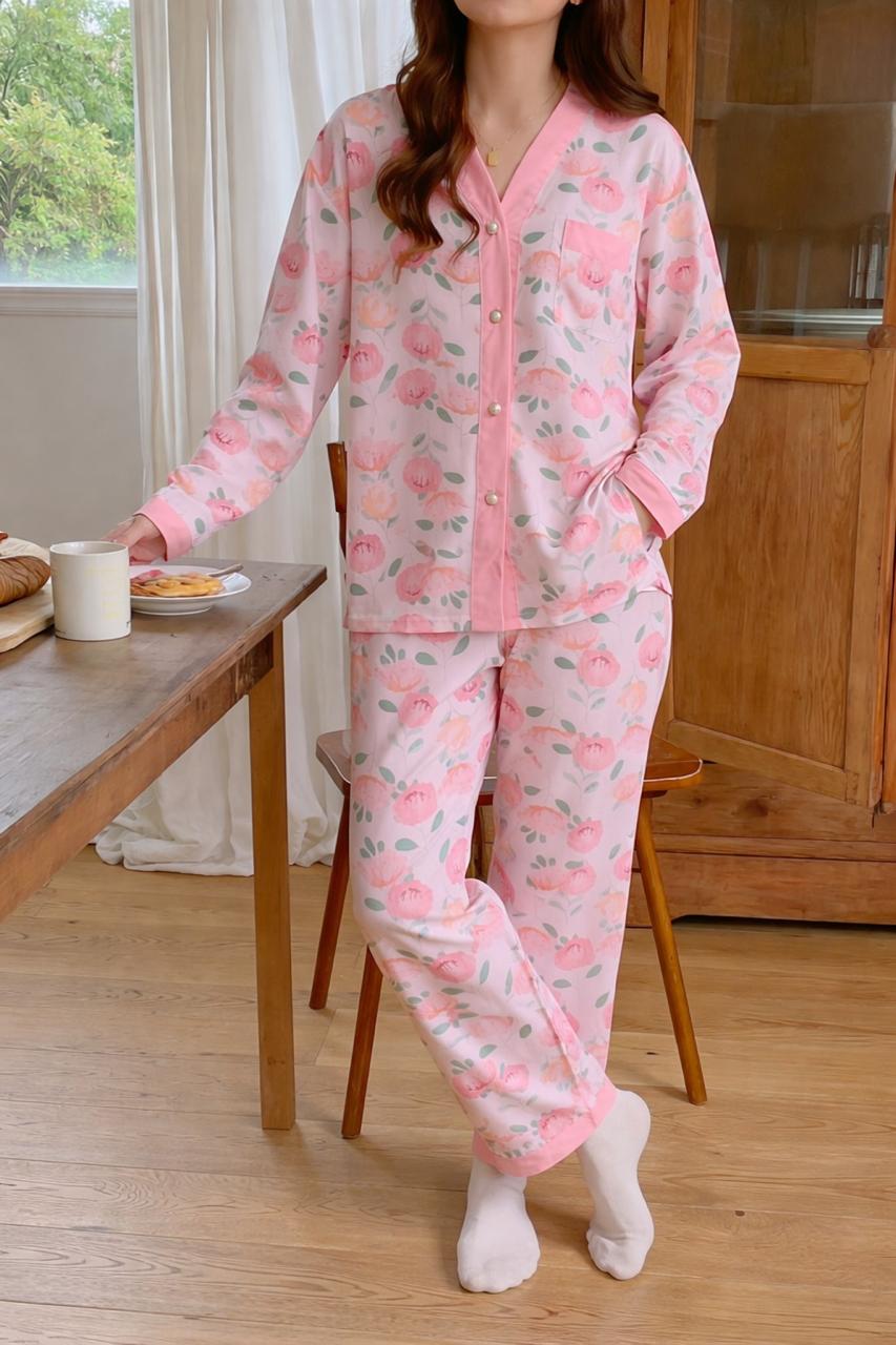 0000 Baby Pink Flowers Printed Front Button Style For Her