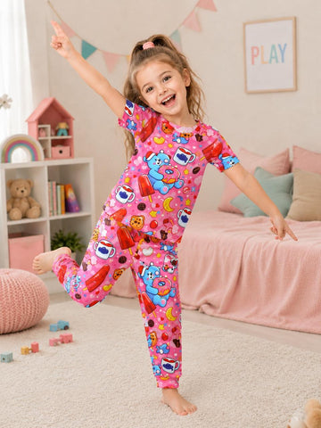 0000 Baby Pink Funkey Half Sleeves T-shirt with Flower Printed Pajama Kids Suits (Polyester)