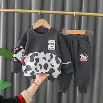 Charcoal Grey & White Cow Print Sweatshirt With Grey Trouser For Kids