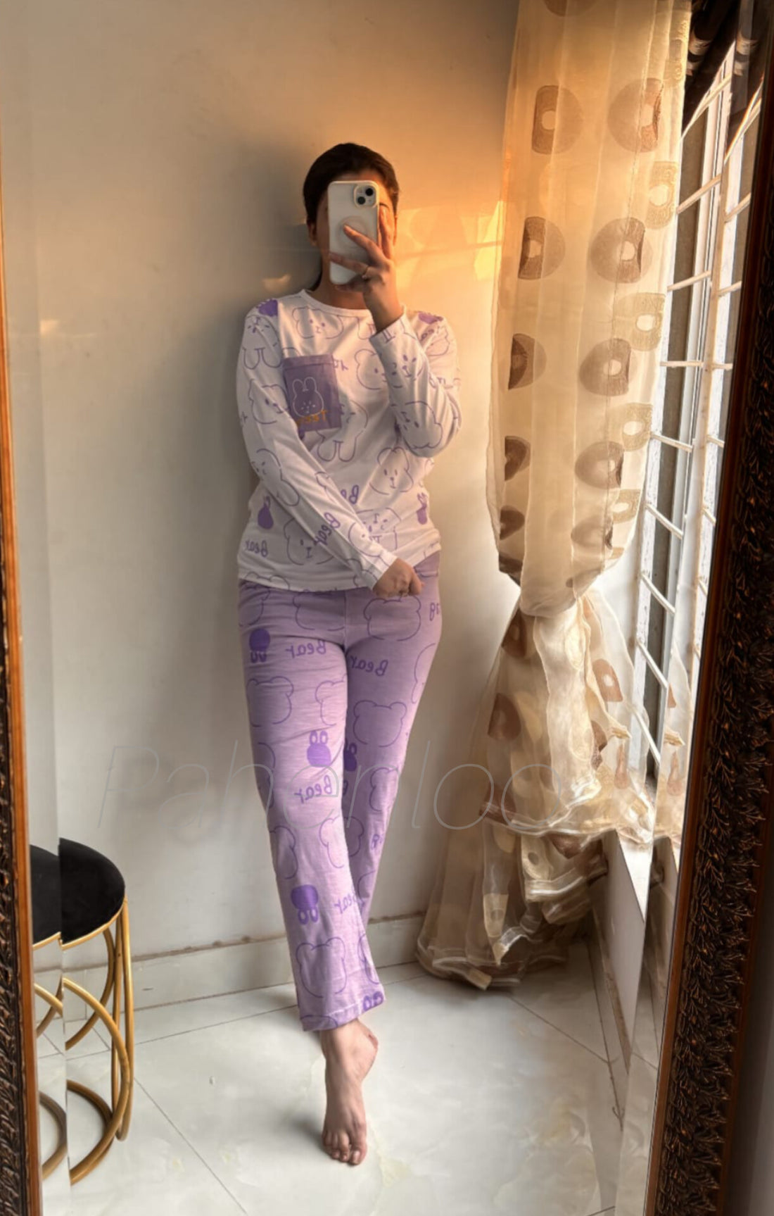 00000 White Bear Print Front  Pocket Full Sleeves T-Shirt With Light PurpleTrouser