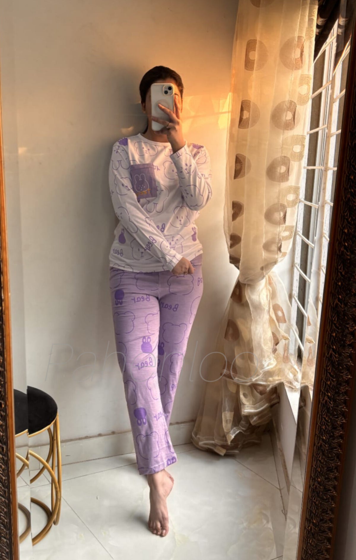 00000 A White Bear Print Front  Pocket Full Sleeves T-Shirt With Light PurpleTrouser