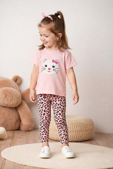0000 Baby Pink Cat Printed Half Sleeves T-shirt with cheetah Printed Pajama Kids Suits