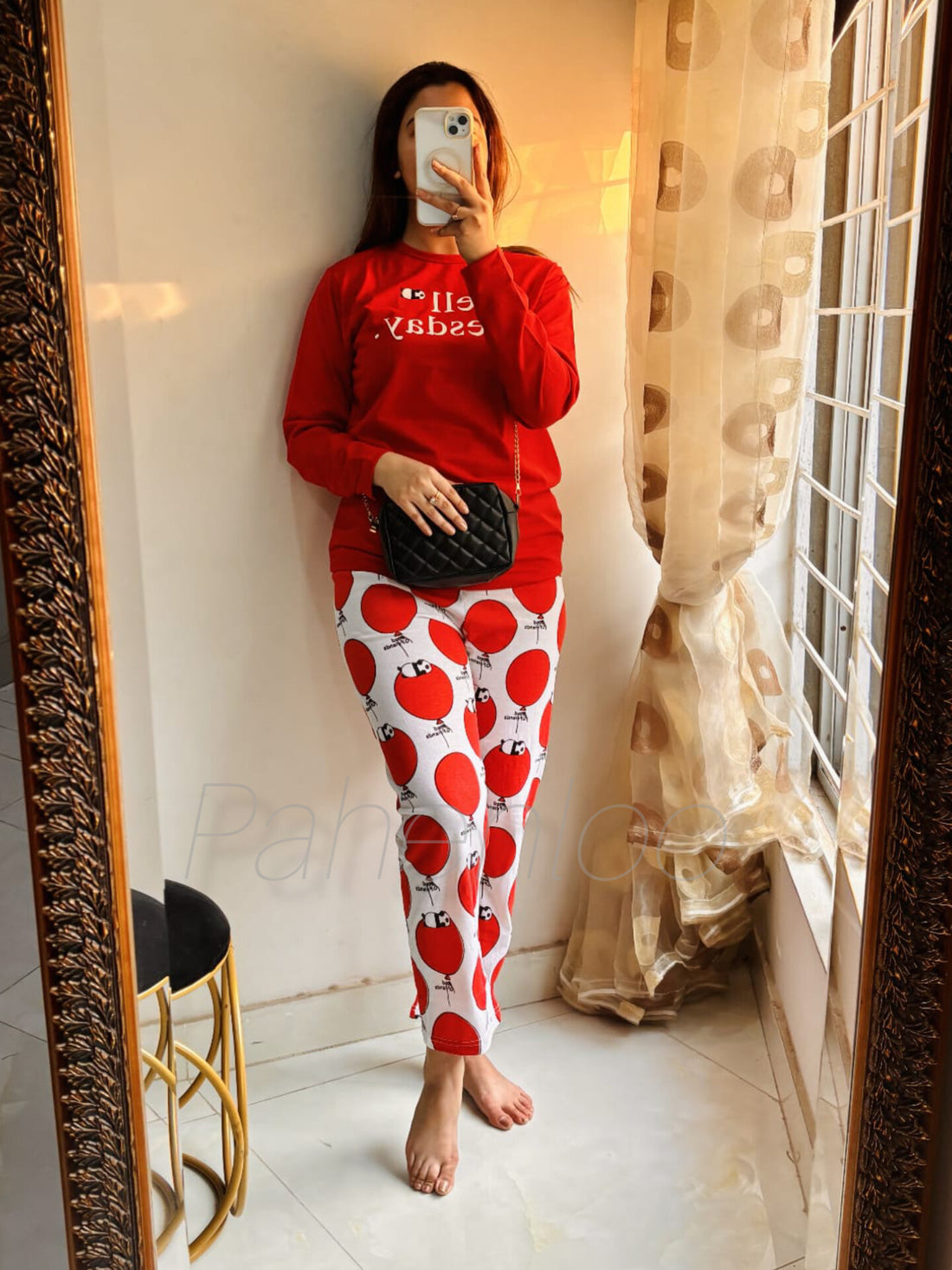 000000 Red Hello Tuesday Full Sleeves With Printed Trouser