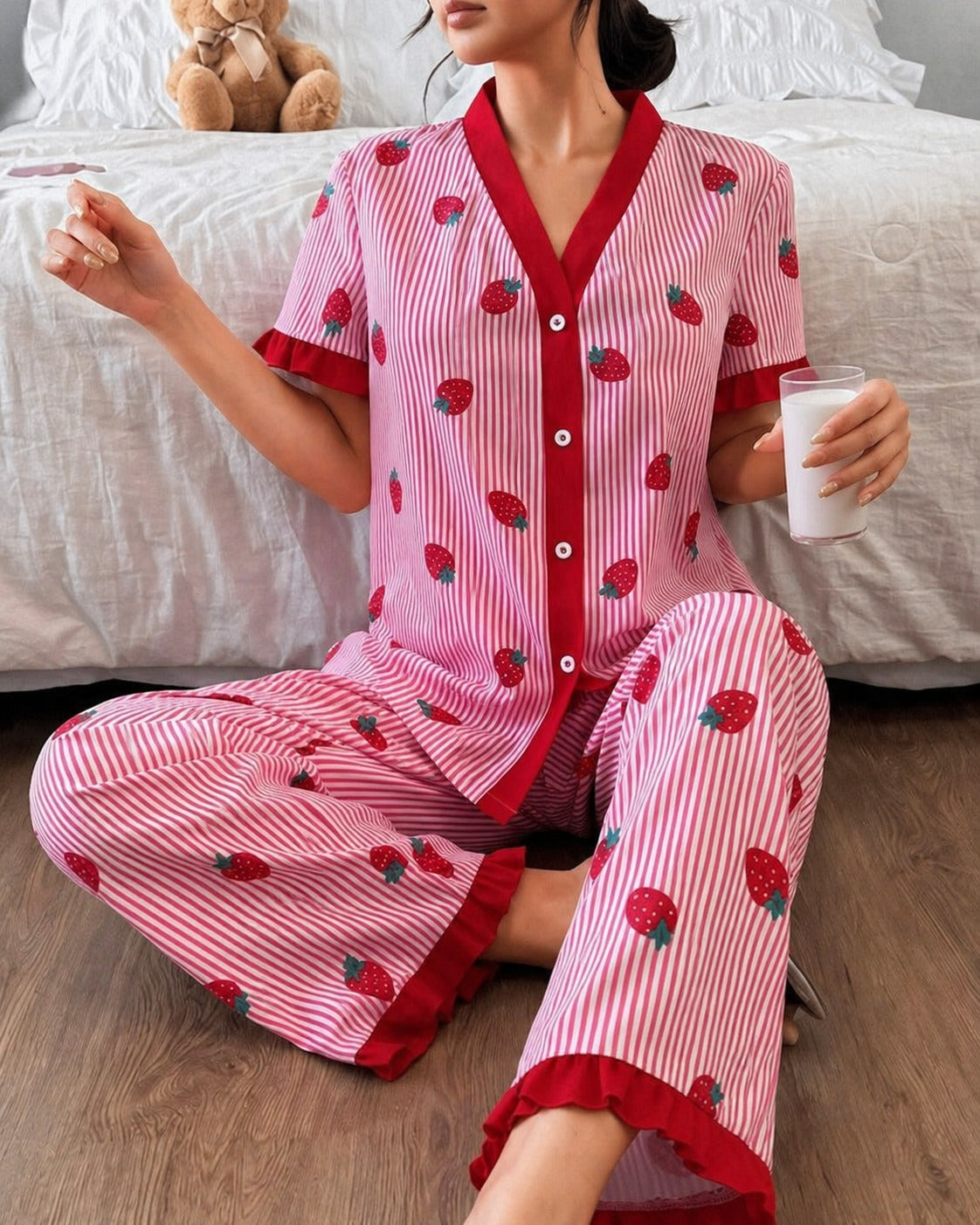 0000 A Pink All Over Strawberry Printed With Pink Lining Front Button Style For Her