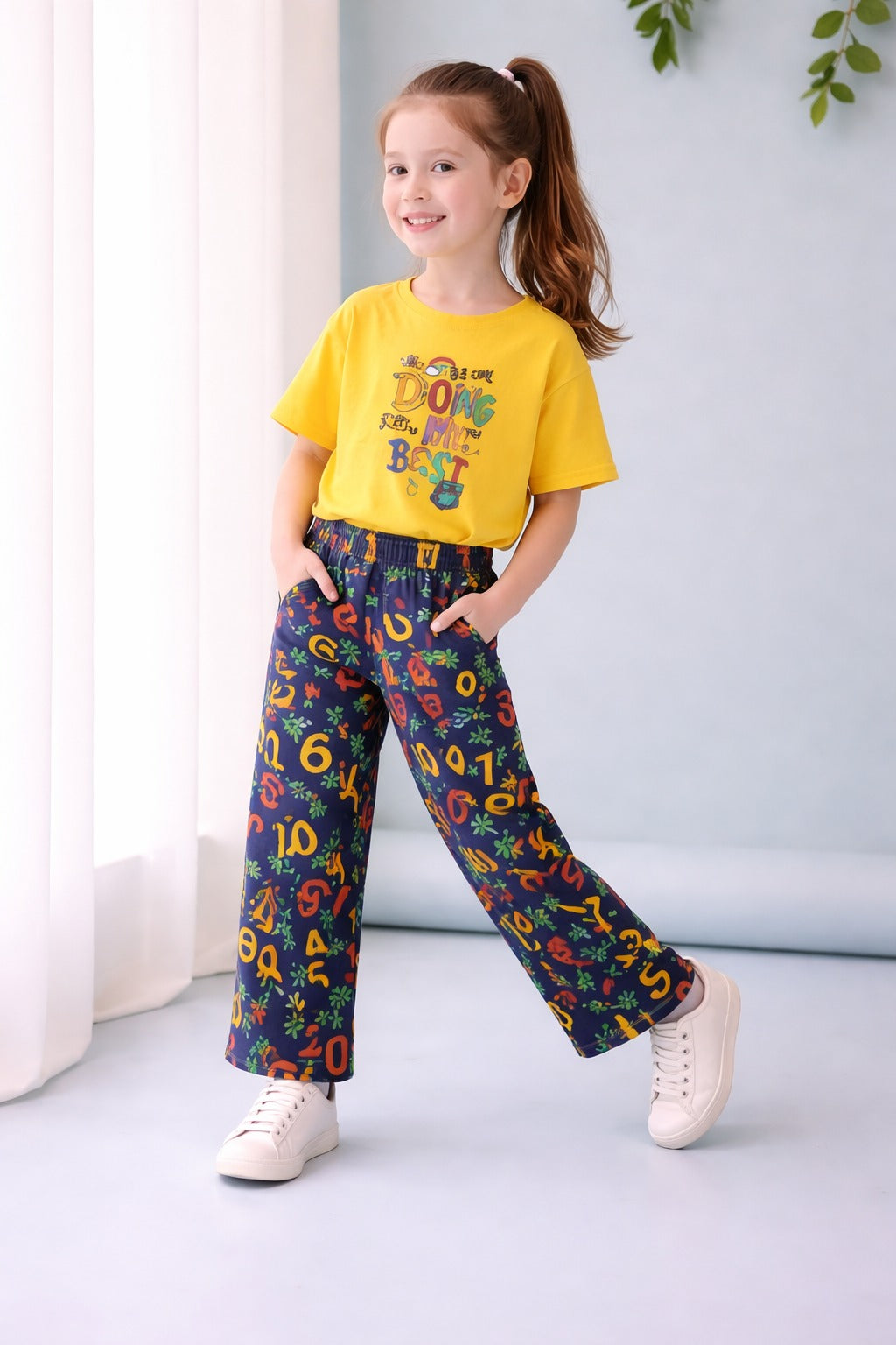 00000 Yellow Doing My Best Printed Half Sleeves T-shirt with multi Digital Printed Pajama Kids Suits