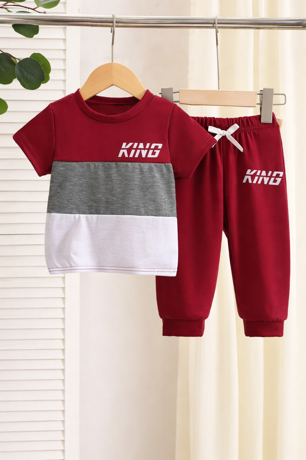 00001 Maroon Grey Panel King Printed Half Sleeves T-shirt with Printed Pajama Kids Suits