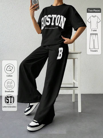 0000 Black Boston Printed Half Sleeves T-shirt With B Printer Looss Pajama Suit