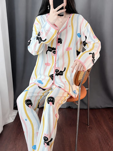 000000 Offwhite Carton Cat Printed Front Button Style For Her