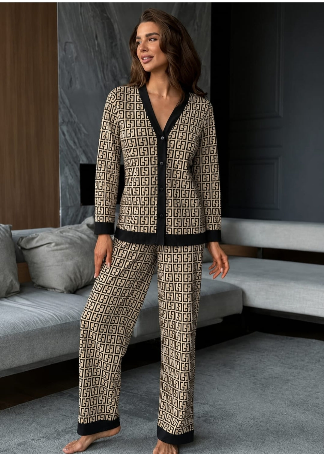 Brown Signature Monogram Button Night Suit for Her