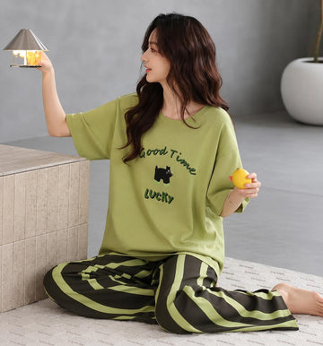 0000 Olive Green Cat Printed Half Sleeves T-shirt With Lining Printed Pajama Suit