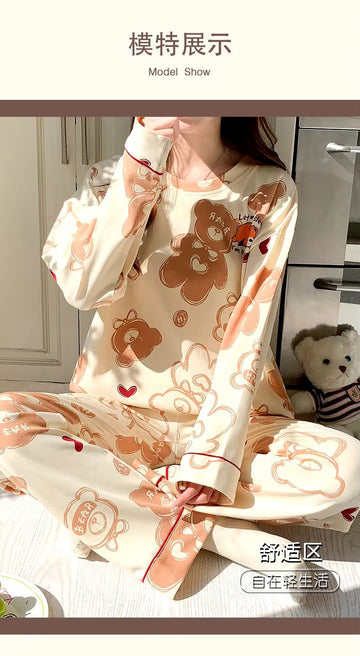 0000 Offwhite All Over Bear Printed Full Sleeves T-shirt With Bear Printed Pajama Suit