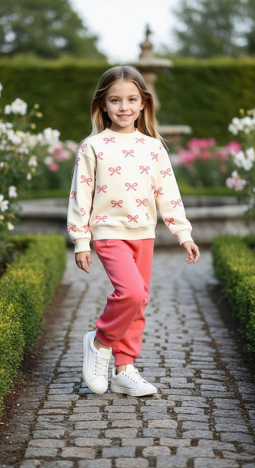 0000 Offwhite Pink Bow Printed Sweatshirt With Pink Fleece Trouser Tracksuit For Kids