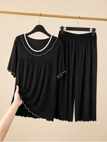 0000 Black V-Neck Frill Style Half Sleeves T-shirt With Plazzo Style Pajama Suit