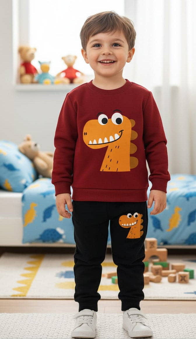 0001 Mehroon Dragon Printed Sweatshirt With Black Dragon Printed Fleece Trouser Tracksuit For Kids