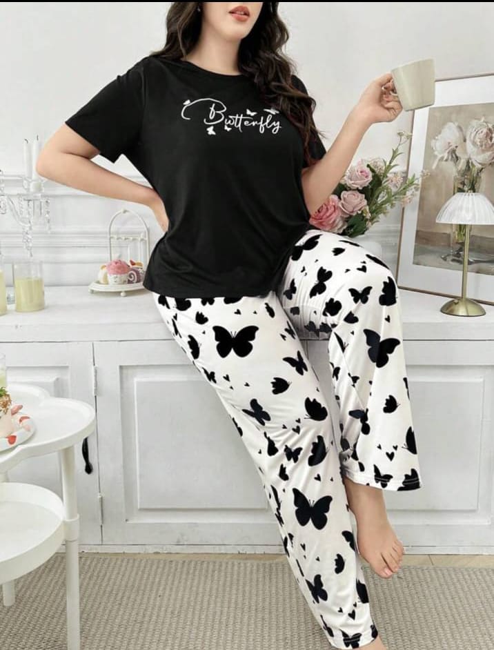 00001 Black Butterfly Printed Half Sleeves T-shirt With Butterfly Printed Pajama Suit