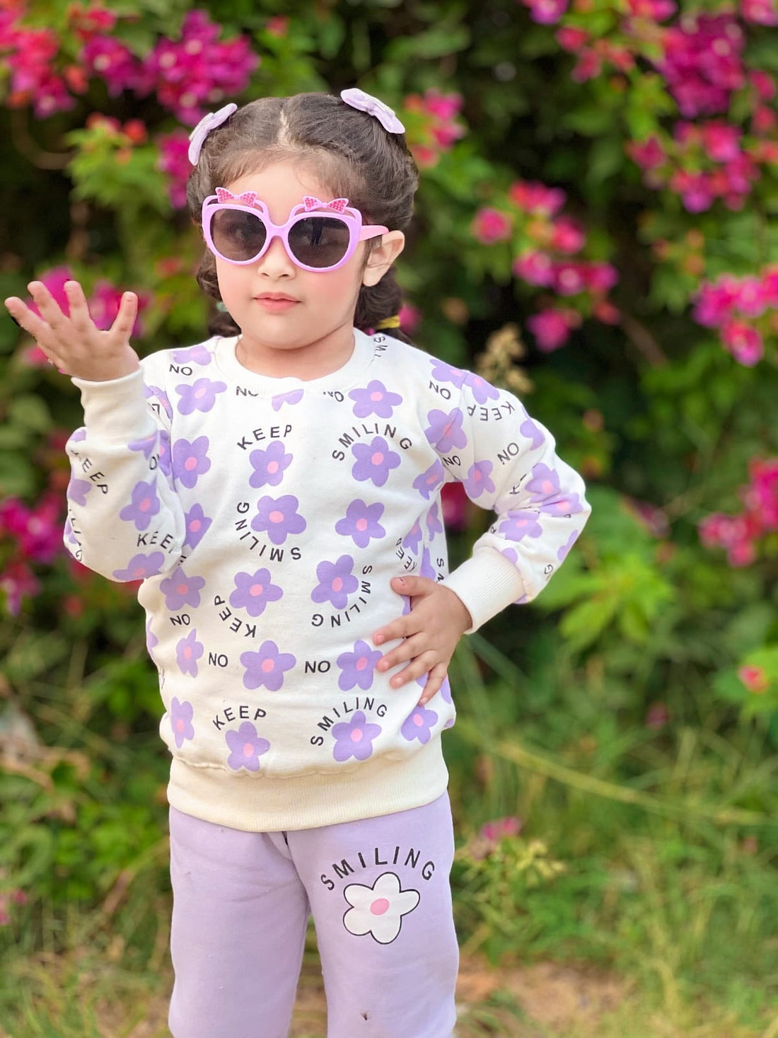 00000 White Lilic Flower Sweatshirt With Lilic Trouser For Kids
