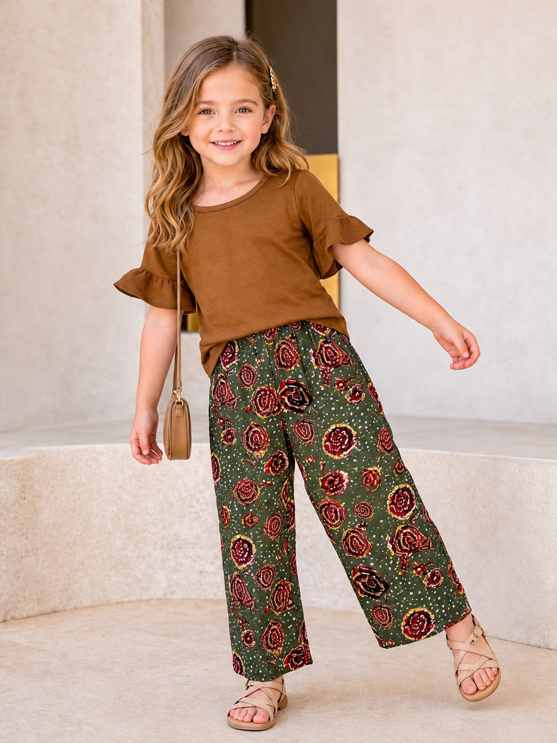 0000 Brown Plain Frill Half Sleeves T-shirt with Flower Printed Pajama Kids Suits