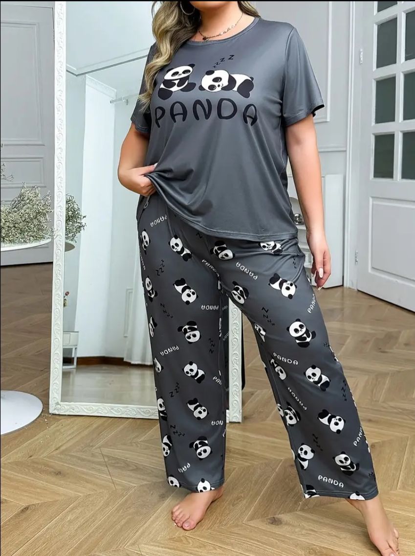 0000 Grey Panda Printed Half Sleeves T-shirt With Panda Printed Pajama Suit