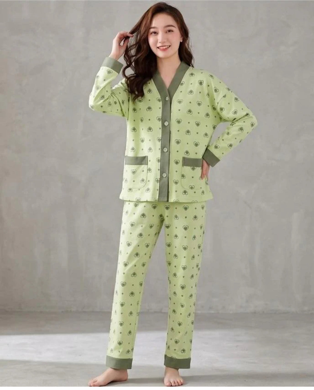 Green All Over Heart Printed Front Button Style For Her