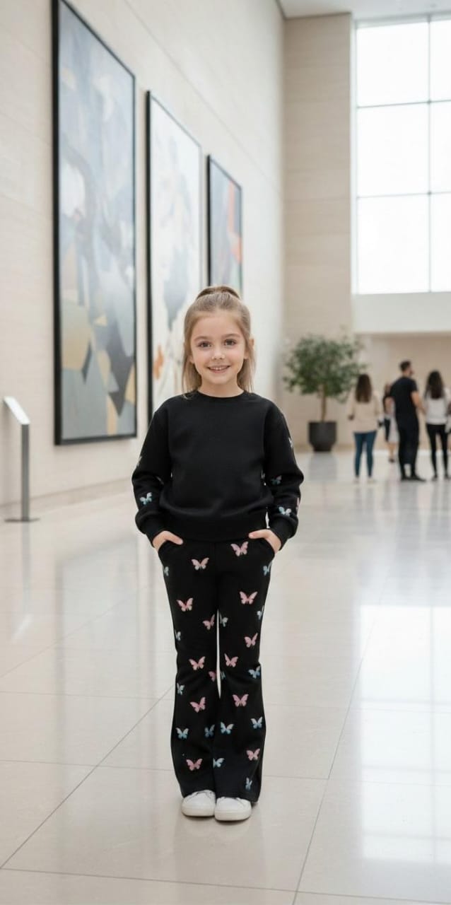 0001 Black Sleeves Butterfly Printed Sweatshirt With Butterflies Printed Fleece Trouser Tracksuit For Kids