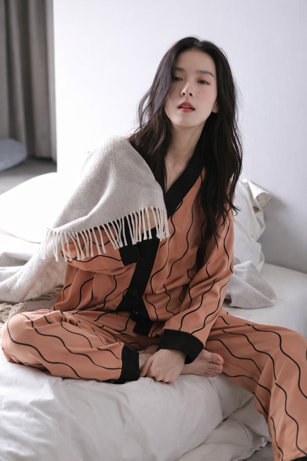 0000 Orange With Black lining Printed Front Button Style For Her