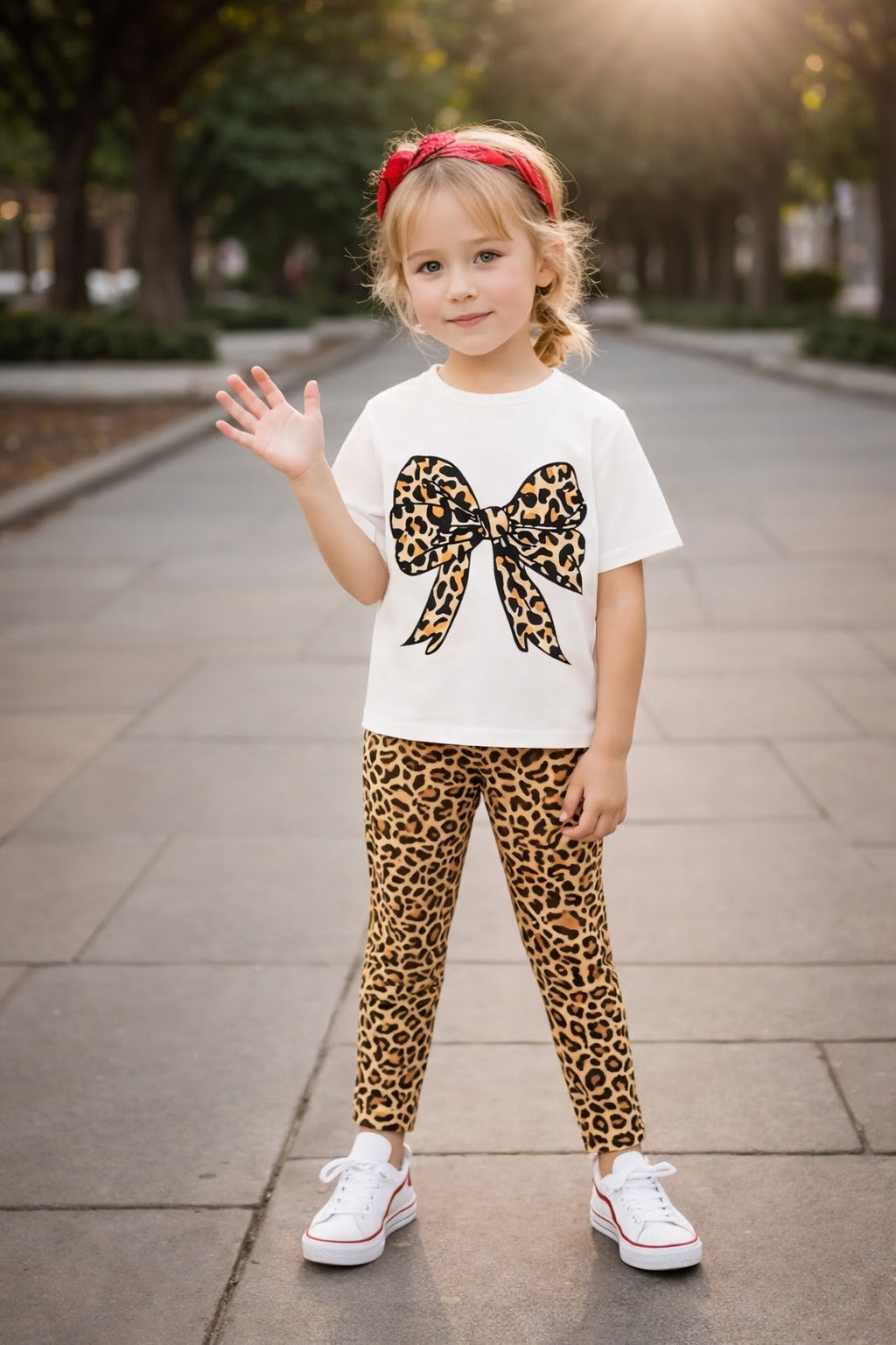 00001 Offwhite Cheetah Printed Bow Half Sleeves T-shirt with cheetah Printed Pajama Kids Suits