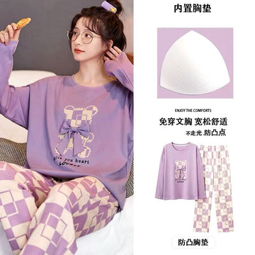 0000 Lilac Check Bear Without Bow Printed Full Sleeves T-shirt With Check Block Printed Pajama Suit