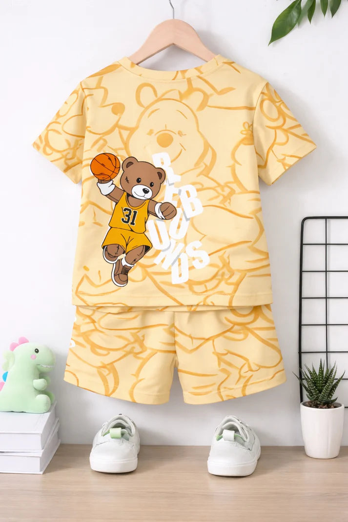 00001 Yellow Basket Ball Bear Printed Half Sleeves T-shirt with Printed Shorts Kids Suits