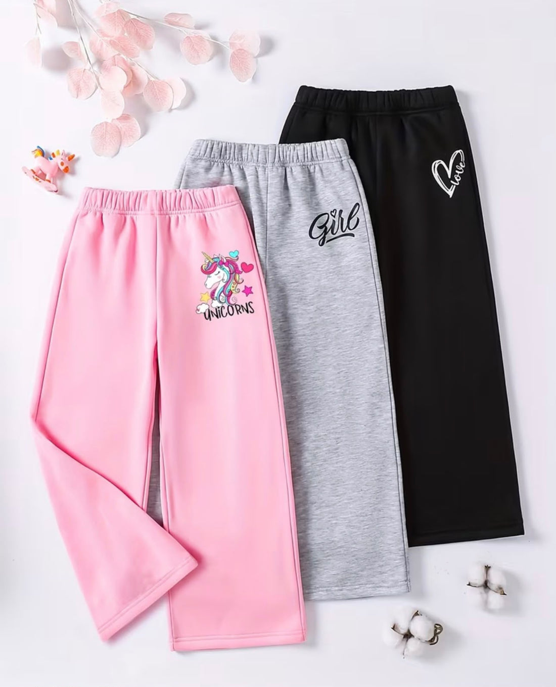 Printed Pack of 3 Multi Fleece Trousers For Kids (Black,Pink,Grey)(Unicorn,Girl,Heart)