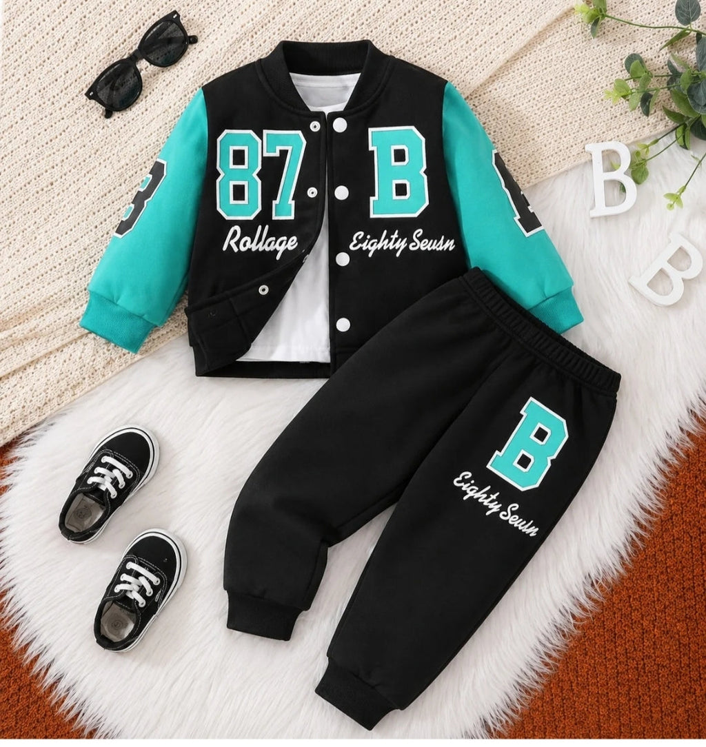 Black and Sea Green 87 B Printed Varsity Tracksuit