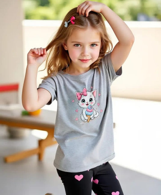 00001 Grey Kitty Printed Half Sleeves T-shirt with Black Pink Heart Printed Pajama Kids Suits