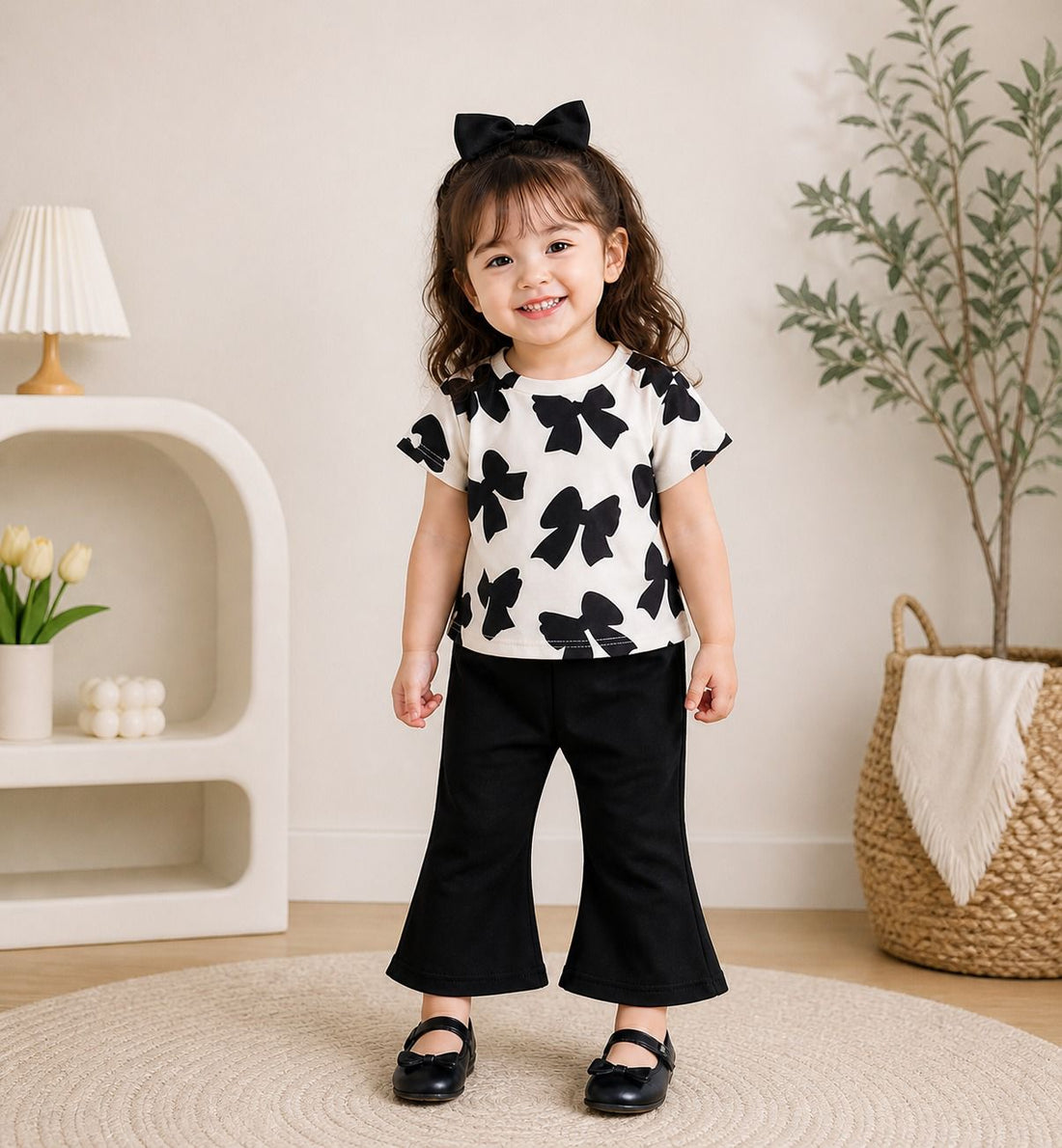 0000 Offwhite Black Bow Printed Half Sleeves T-shirt with Bottle Black Pajama Kids Suits