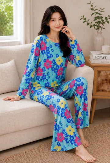 0000 Blue Multi Flower Printed Full Sleeves T-shirt With Multi Printed Pajama Suit