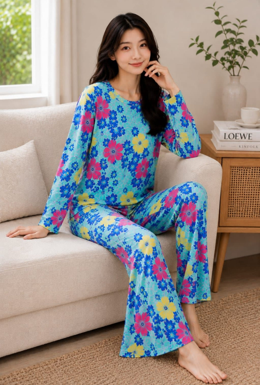 0000 Blue Multi Flower Printed Full Sleeves T-shirt With Multi Printed Pajama Suit