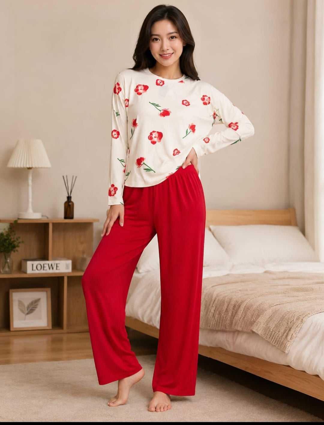 0000 Offwhite Red Rose Printed Full Sleeves T-shirt With Red Plain Pajama Suit