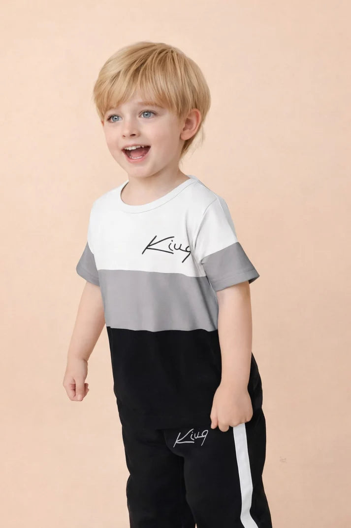 0000 Offwhite Grey Panel King Printed Half Sleeves T-shirt with Black Strip Pajama Kids Suits