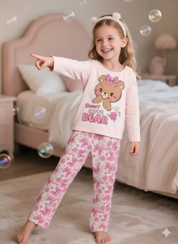 0000 Baby Pink Sweet Cute Bear Printed Full Sleeves T-shirt with Printed Pajama Kids Suits