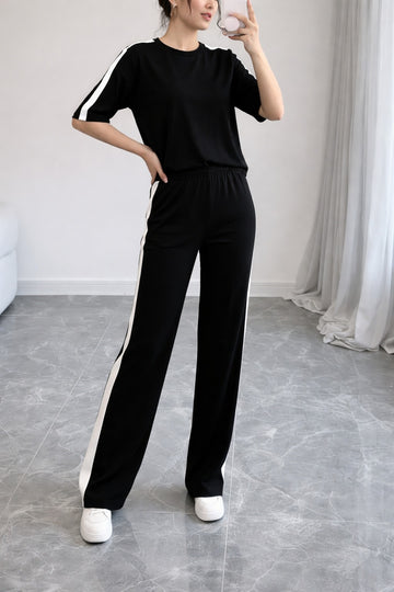 0000 Black Round Neck White Lace Half Sleeves With Matching Side Strip Trouser.