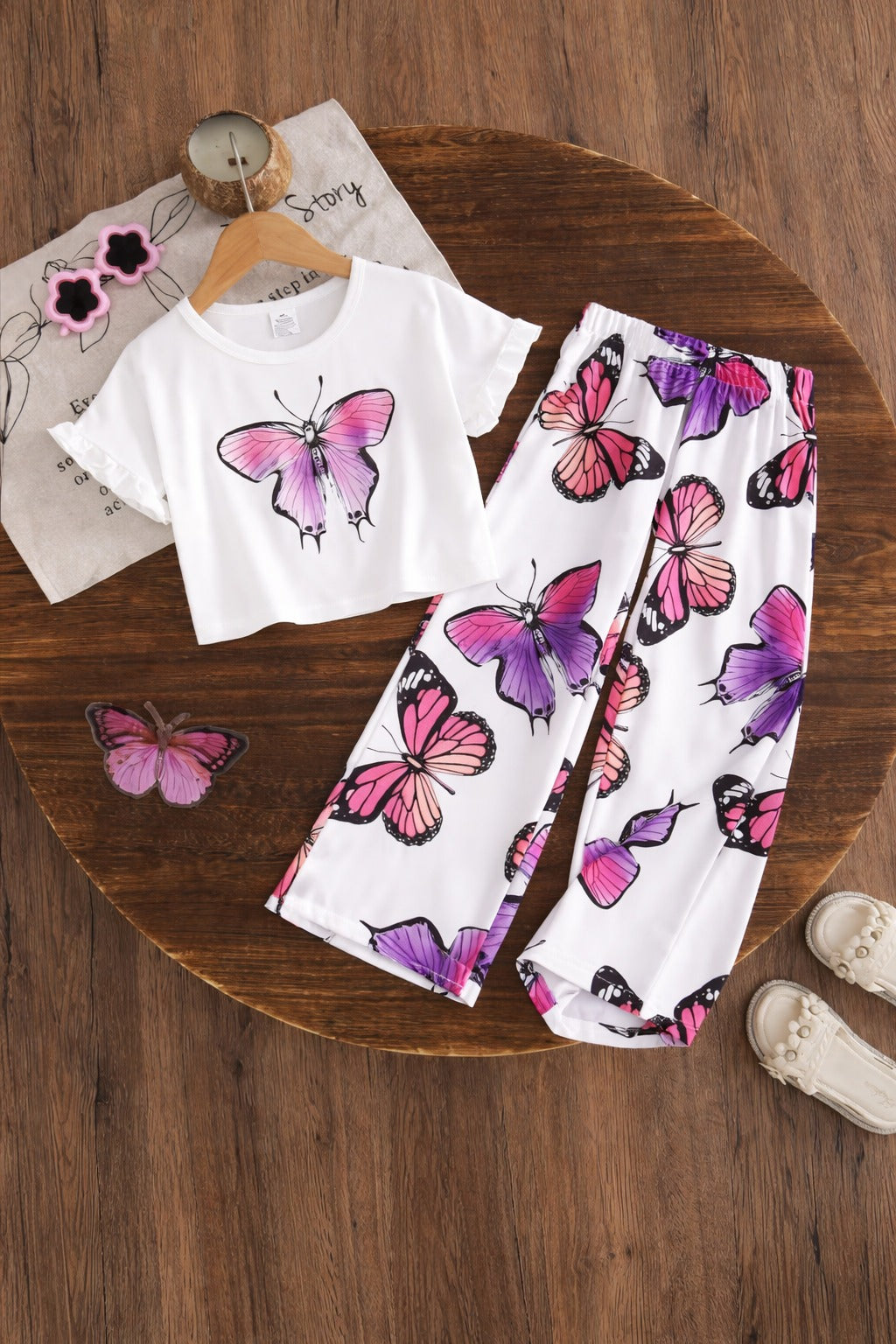 00000 Offwhite Butterfly Printed Half Sleeves T-shirt with Butterflies Digital Printed Pajama Kids Suits