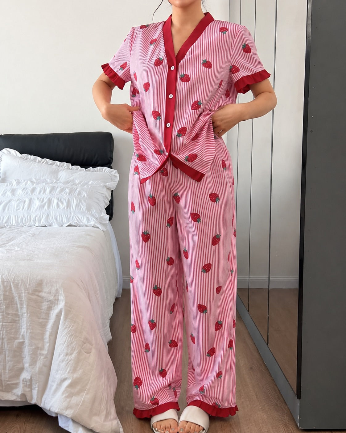0000 A Pink All Over Strawberry Printed With Pink Lining Front Button Style For Her