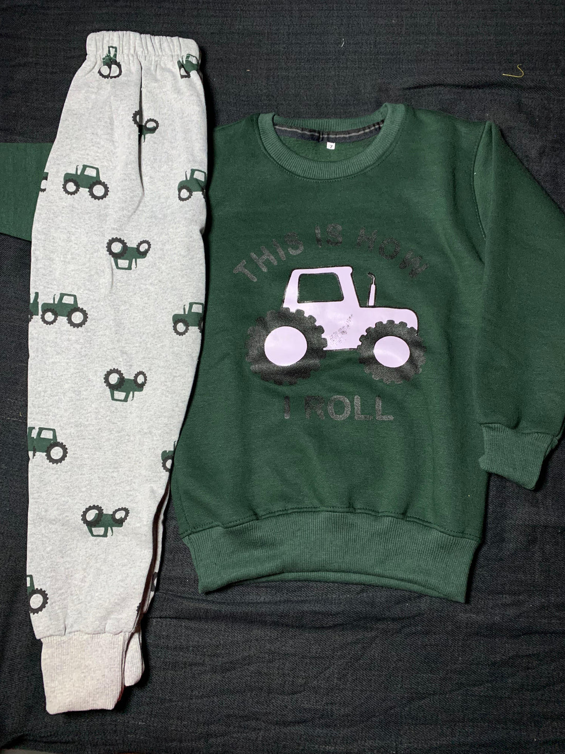 0000 BottleGreen This Is How I Roll Sweatshirt With Grey Trouser For Kids
