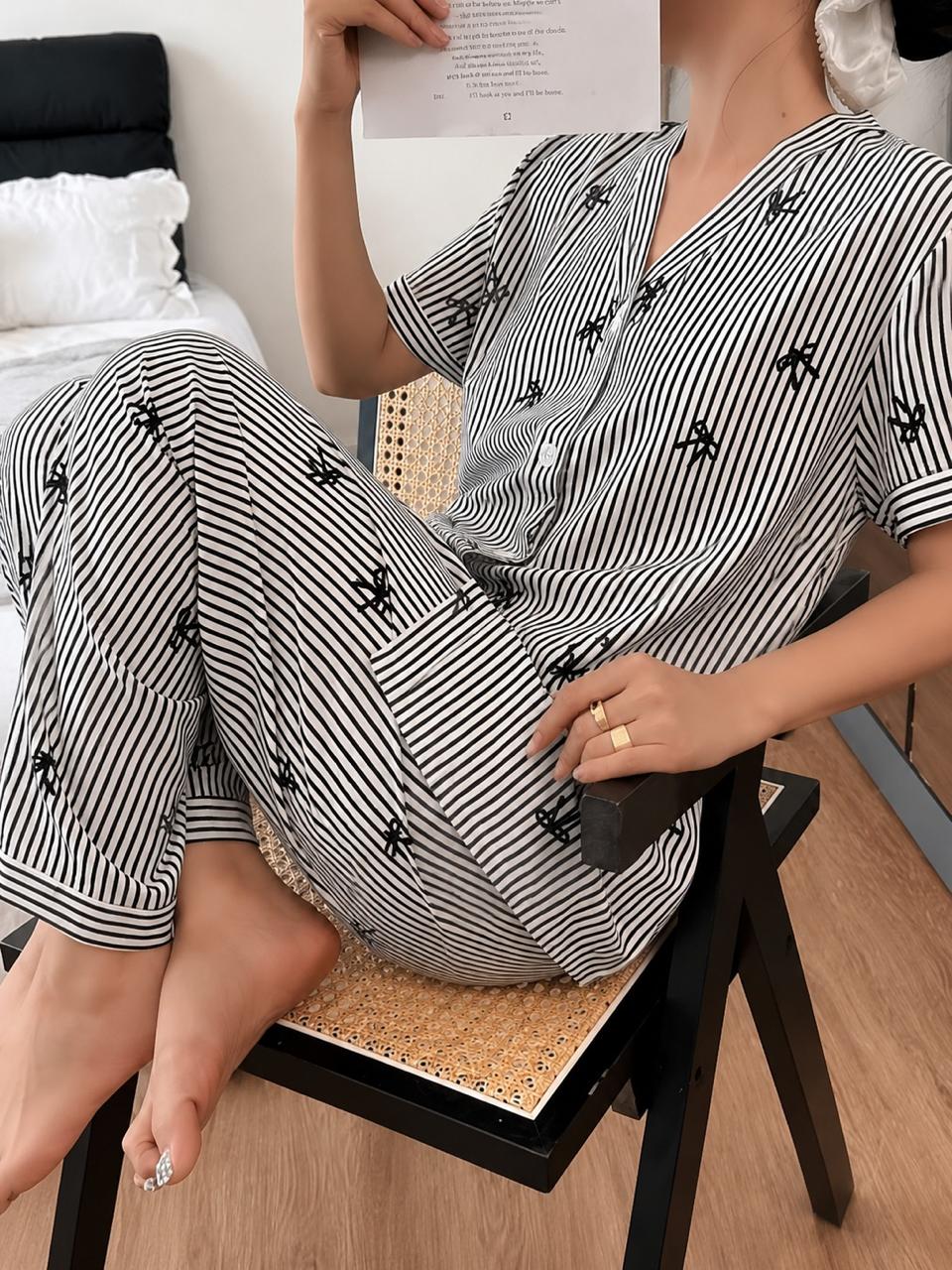 Grey Black Lining Bow Printed Front Button Style For Her