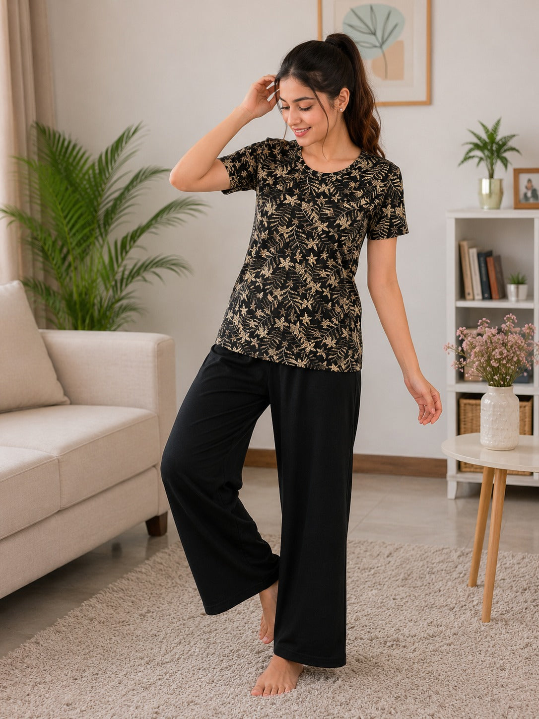 0000 Black Golden Leaf Digital Printed Half Sleeves T-shirt With Plazzo Pajama Suit