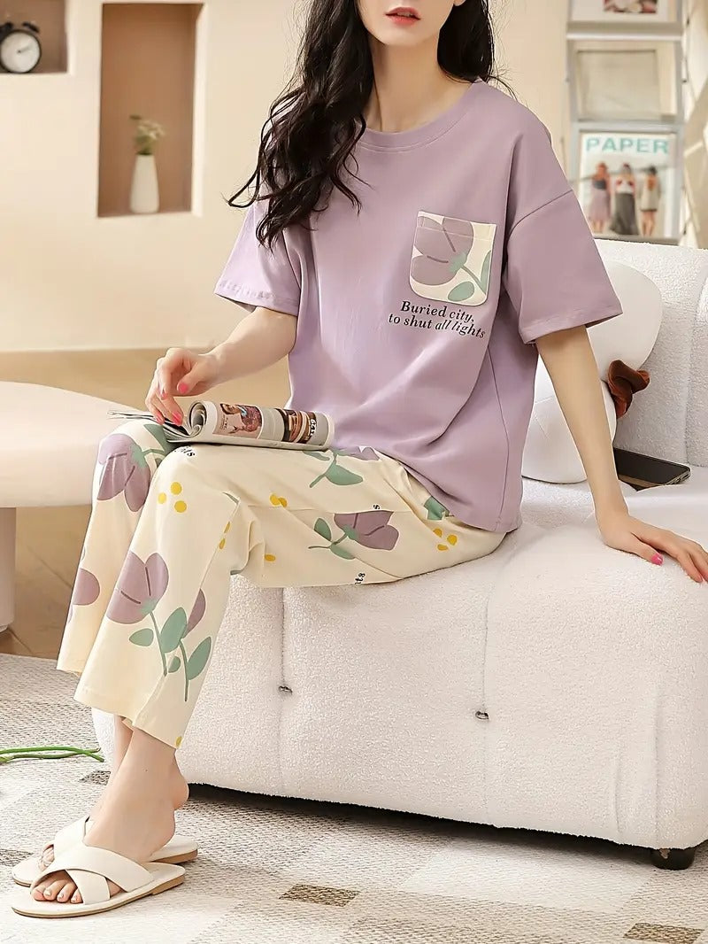 0000 Purple Flower Pocket Print Half Sleeves T-shirt With Printed Pajama Suit