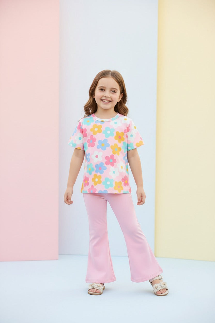 0000 Baby Pink Multi Flower Printed Half Sleeves T-shirt with Baby Pink Plain Pajama Kids Suits