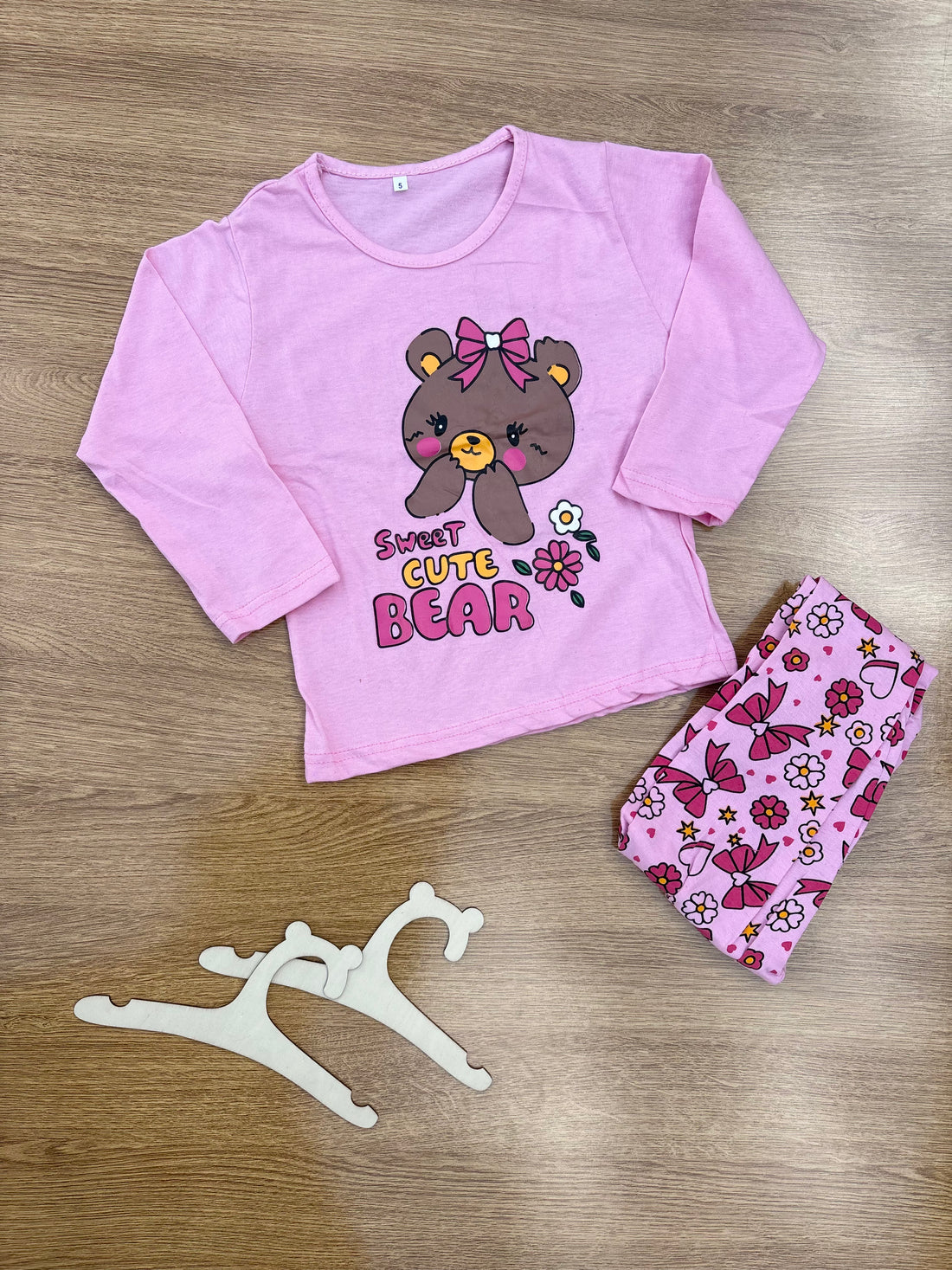 00001 Baby Pink Sweet Cute Bear Printed Full Sleeves T-shirt with Printed Pajama Kids Suits