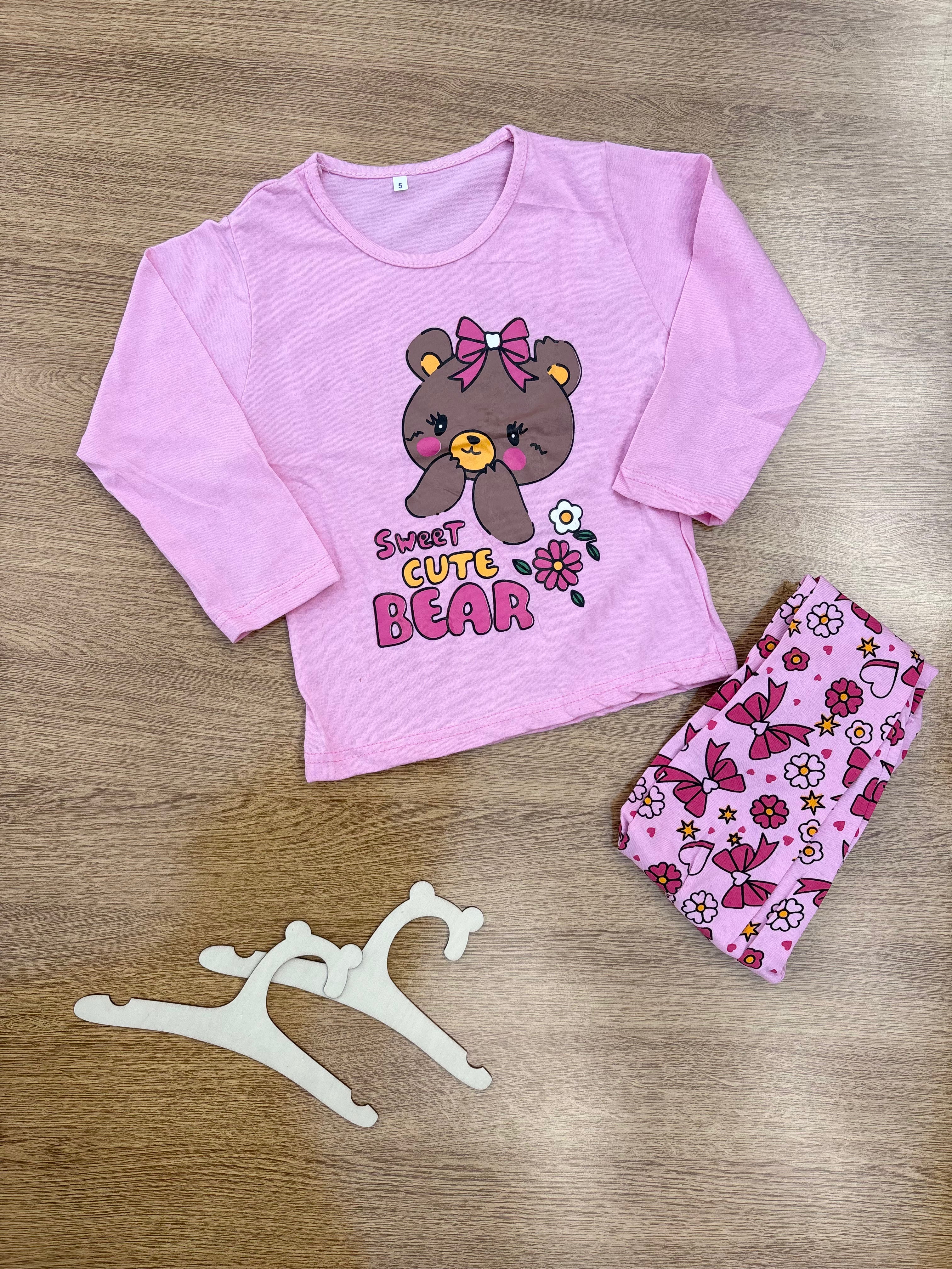 00001 Baby Pink Sweet Cute Bear Printed Full Sleeves T-shirt with Printed Pajama Kids Suits