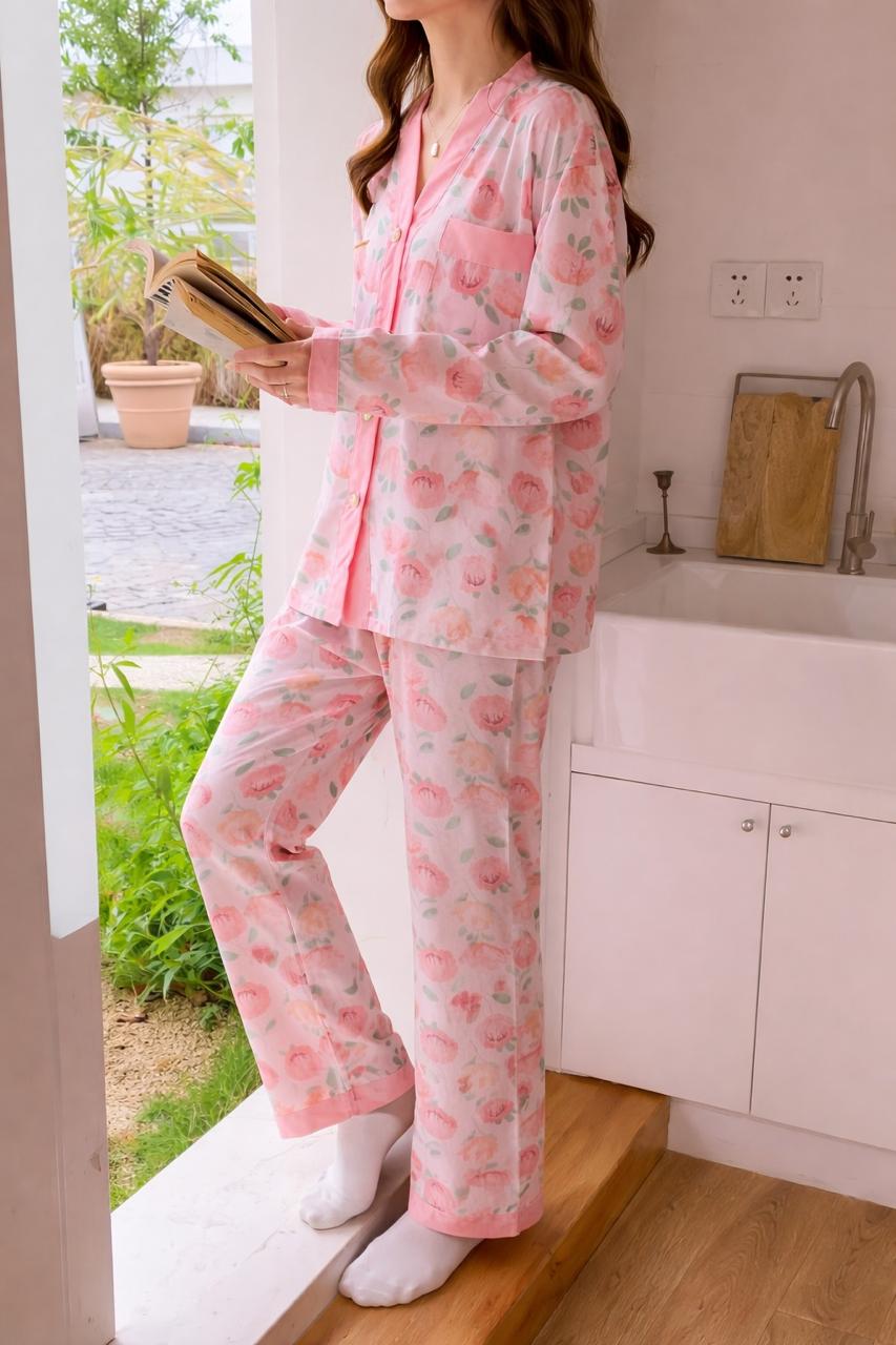 0000 Baby Pink Flowers Printed Front Button Style For Her