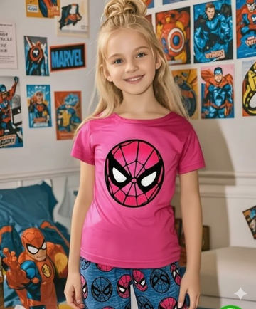 0000 Hot Pink Spider Man Face Printed Half Sleeves T-shirt with Blue Spider man Printed Pajama Kids Suits